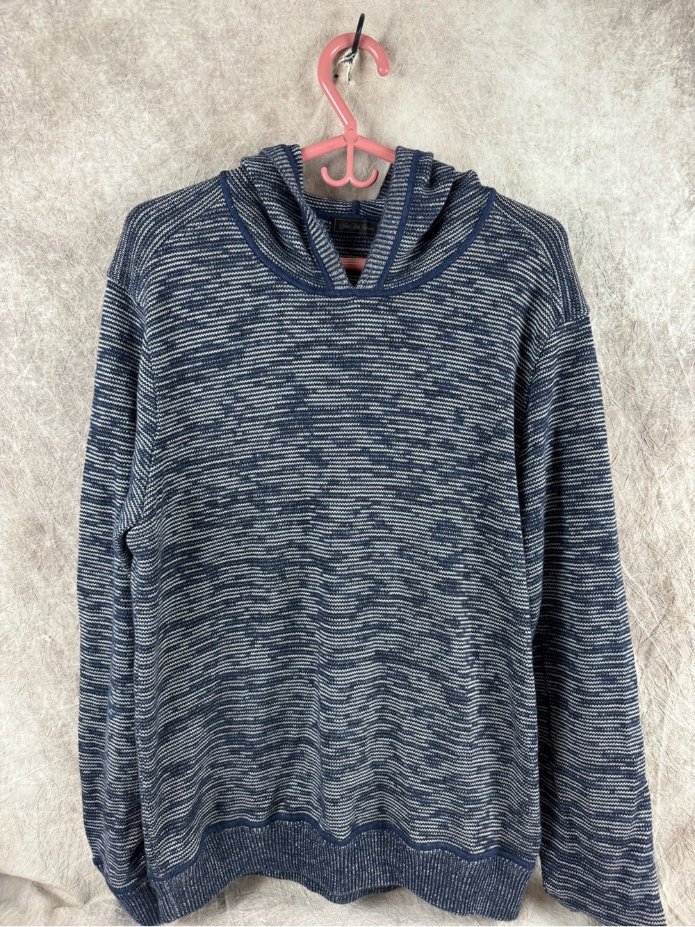 Saks Fifth Avenue Blue and White Marled Knit Hooded Pullover Soft Back to School